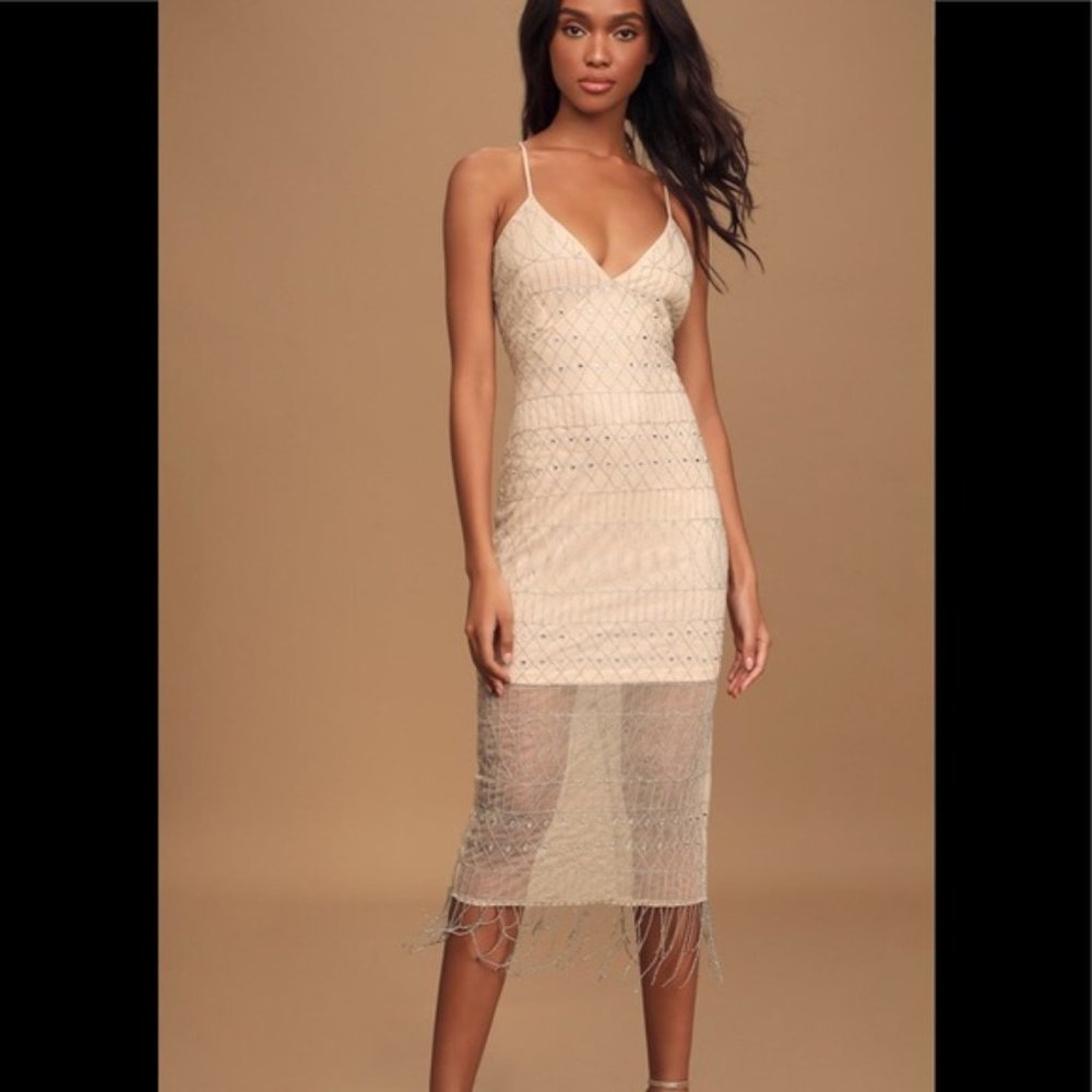 LAST CHANCE NWT Lulu's Beige Mesh Beaded Fringe Midi Dress